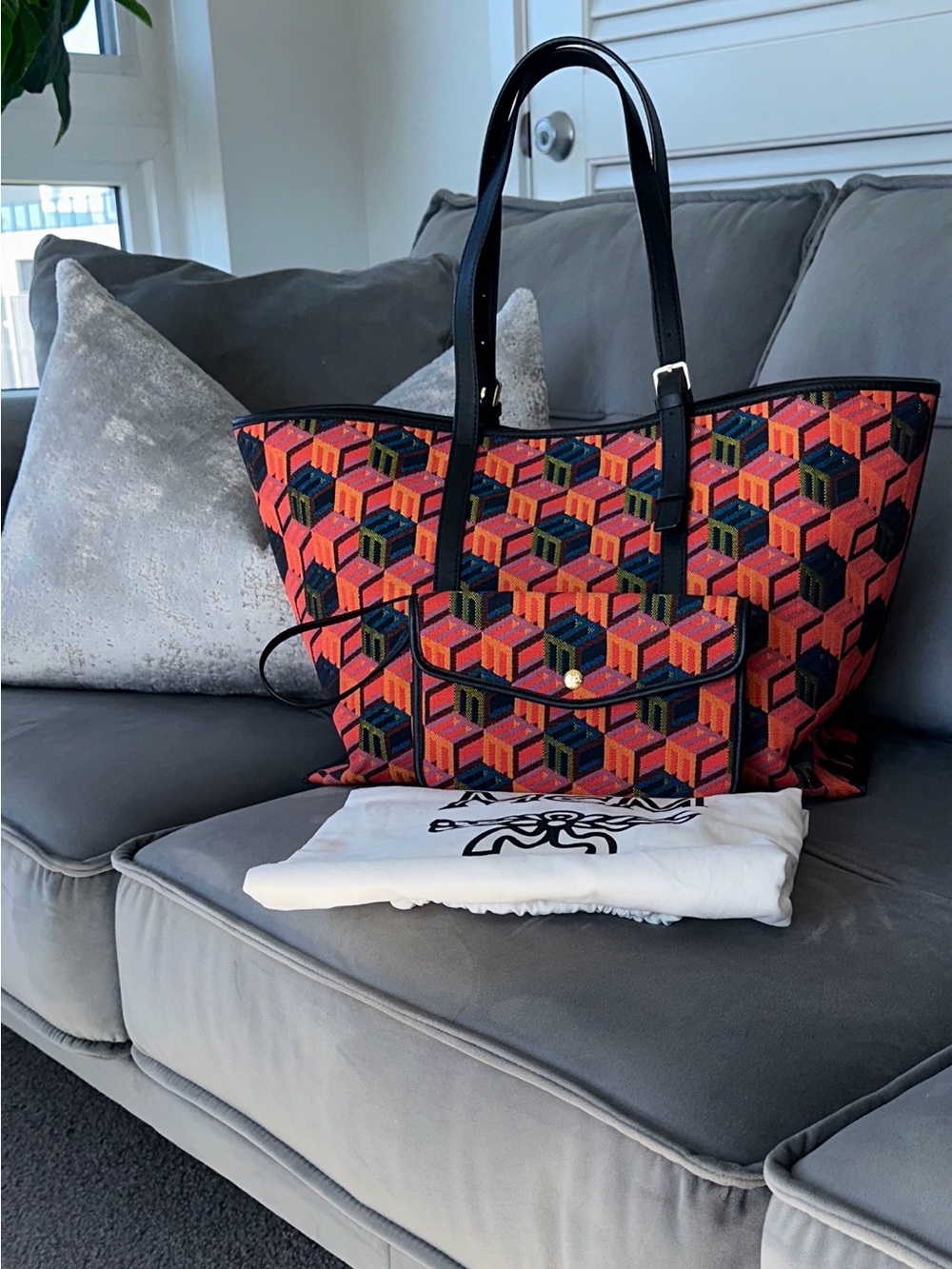 MCM Cubic Logo Shopper Orange Geometric Canvas Tote with Black Leather Straps